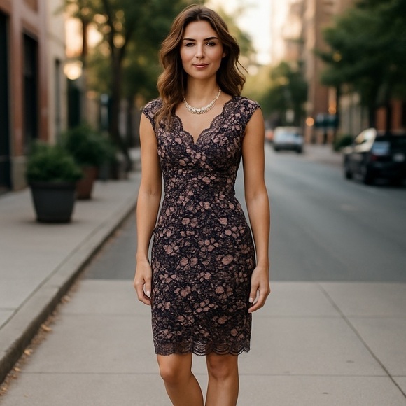 Tahari Dresses & Skirts - Tahari Black & Rose Gold Lace V Neck Sheath Dress 2 XS